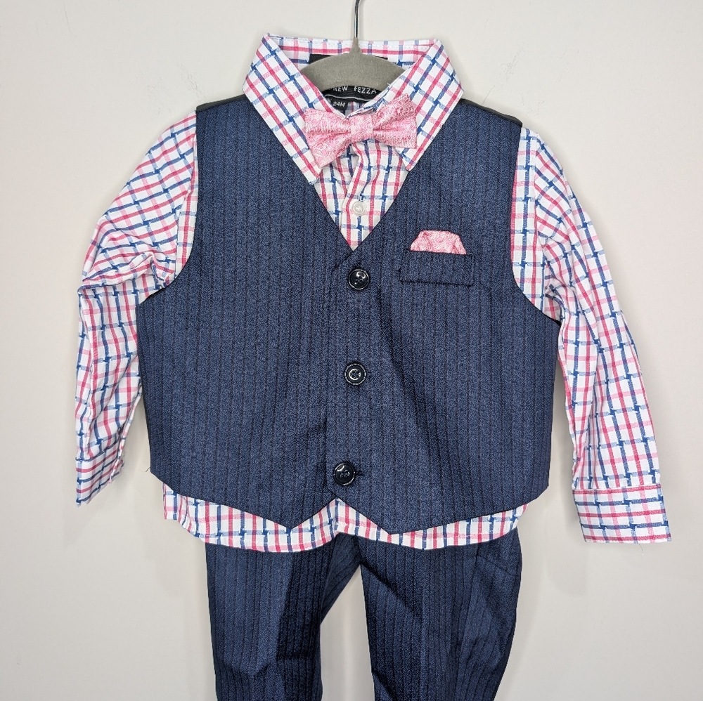 💙 Andrew Fezza Toddler Navy Pinstripe Suit with Shirt & Bow Tie‎ — Size 24M
